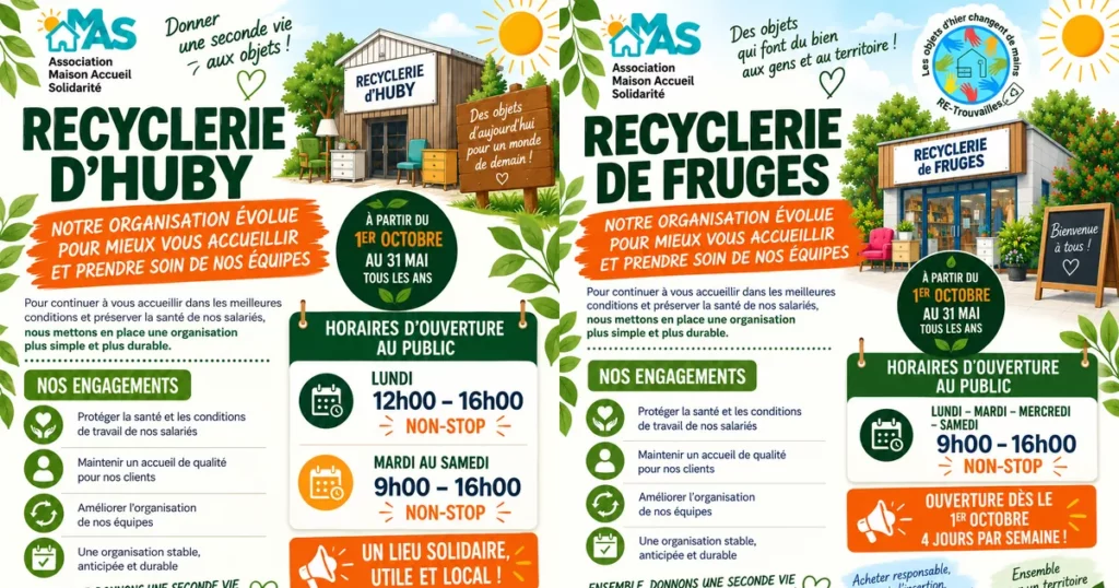 Affiches des nouveaux horaires des recycleries d’Huby-Saint-Leu et de Fruges, du 1er octobre au 31 mai