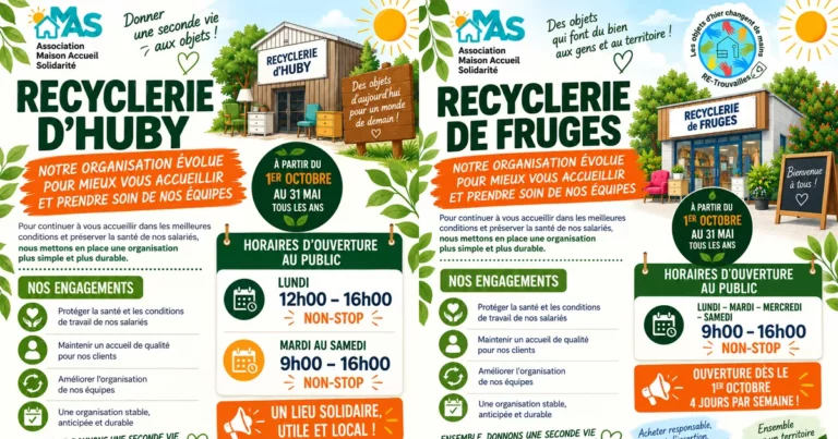 Affiches des nouveaux horaires des recycleries d’Huby-Saint-Leu et de Fruges, du 1er octobre au 31 mai