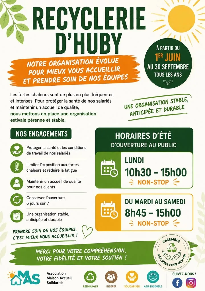 Affiche des horaires d'été de la recyclerie d'Huby, du 1er juin au 30 septembre