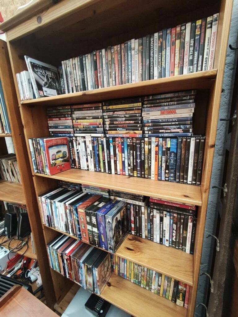 Étagère de DVD et jeux vidéo d’occasion à RE-Trouvailles, Fruges