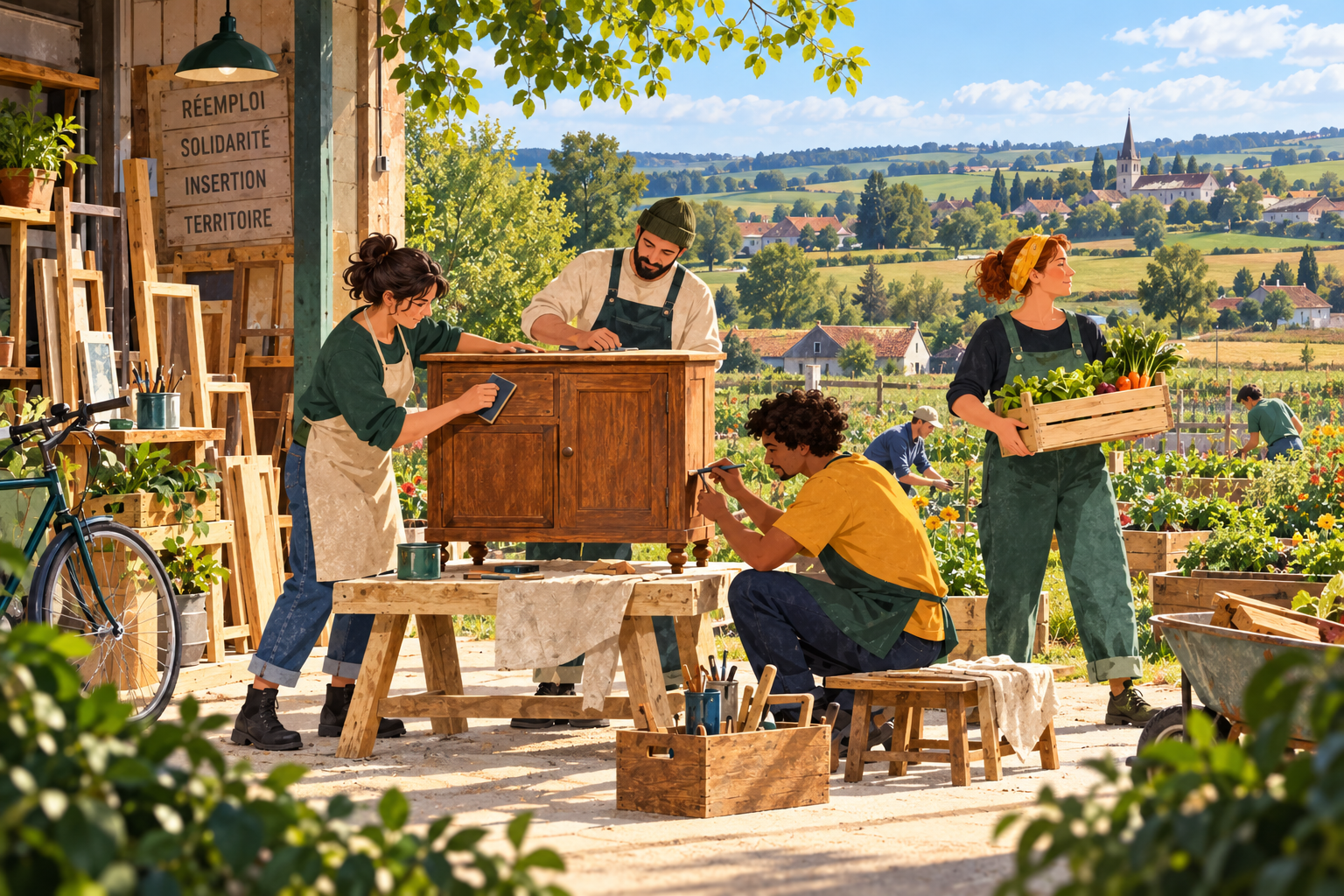 Illustration de coopération autour du réemploi, de la solidarité, de l’insertion et du maraîchage.