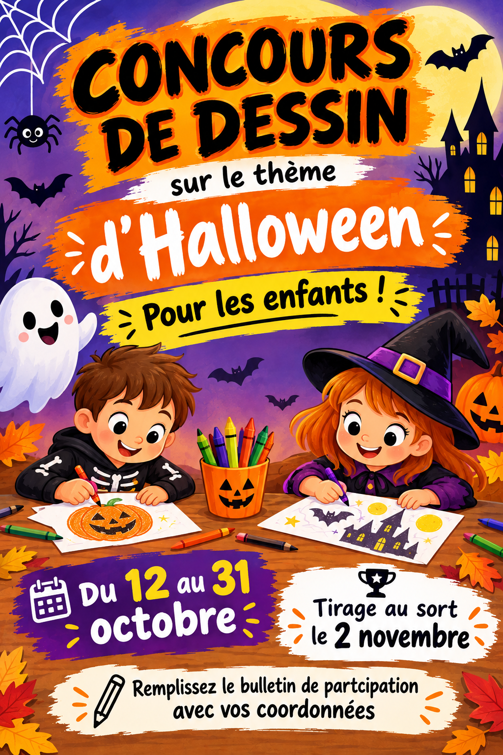 Concours de dessin Halloween pour les enfants du 12 au 31 octobre. Tirage au sort le 2 novembre.