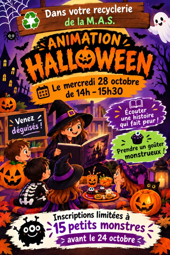 Animation Halloween de la M.A.S. le mercredi 28 octobre de 14 h à 15 h 30. Venez déguisés ! Inscriptions limitées à 15 enfants avant le 24 octobre.