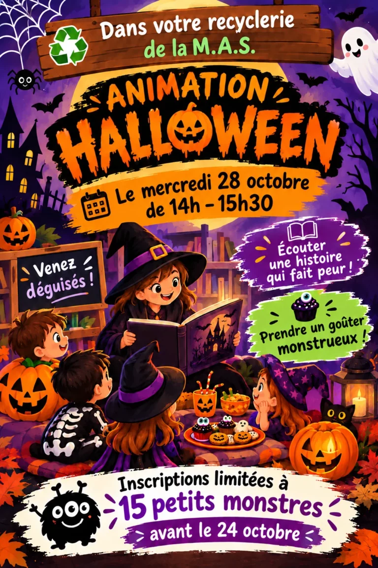 Animation Halloween de la M.A.S. le mercredi 28 octobre de 14 h à 15 h 30. Venez déguisés ! Inscriptions limitées à 15 enfants avant le 24 octobre.