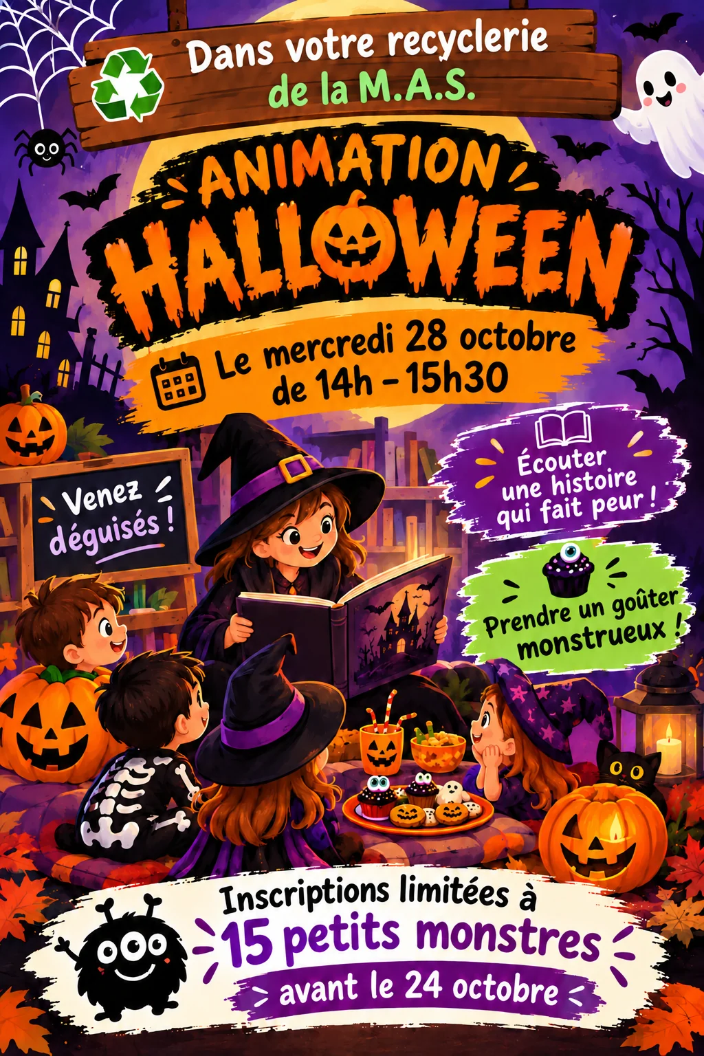 Animation Halloween du 28 octobre, de 14 h à 15 h 30. Inscription limitée à 15 enfants avant le 24 octobre.