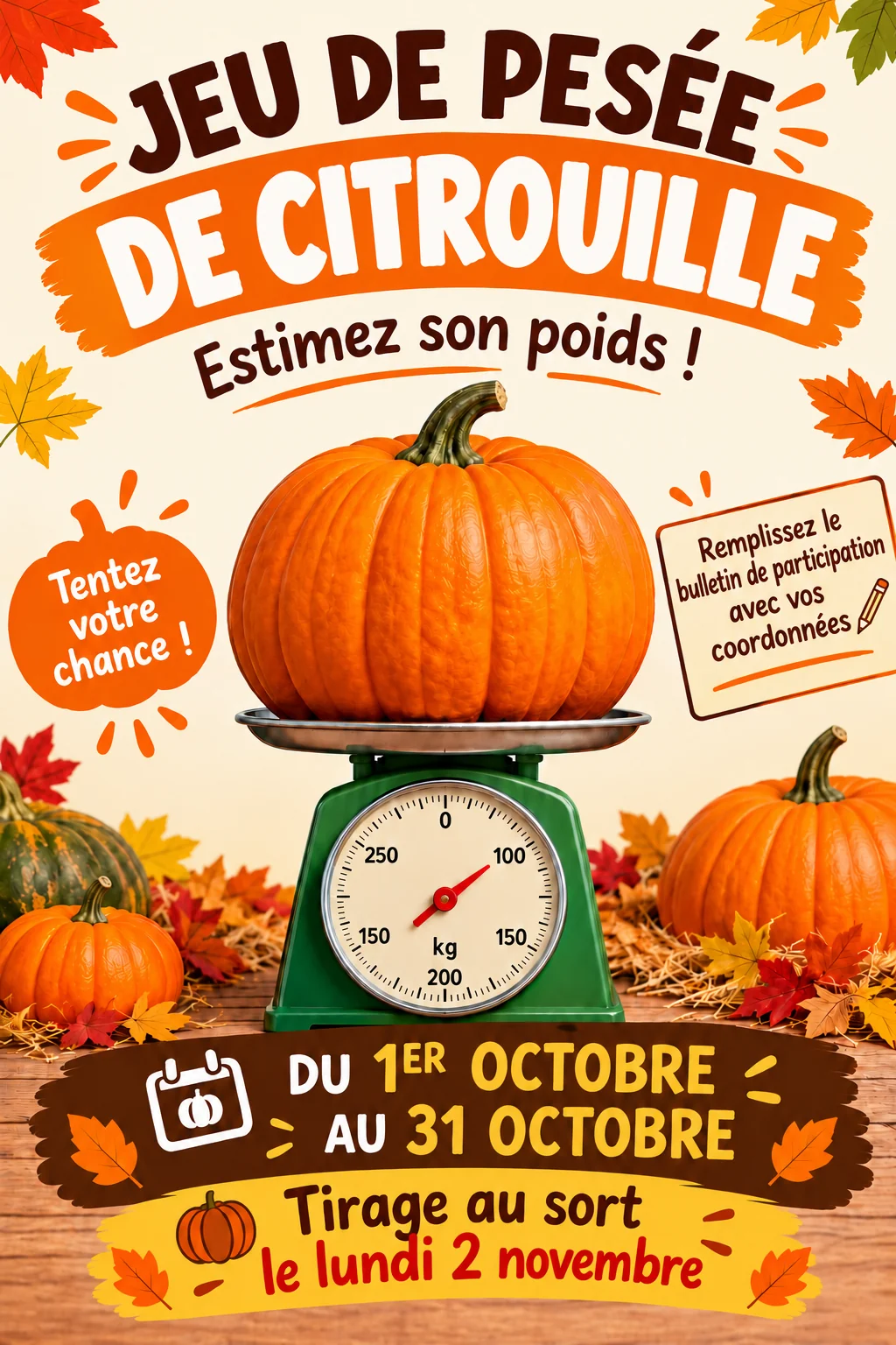 Jeu de la citrouille du 1er au 31 octobre : estimez son poids. Tirage au sort le lundi 2 novembre.
